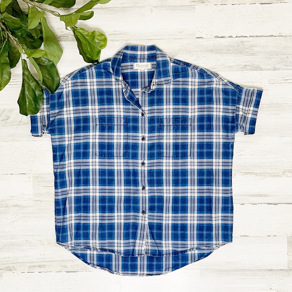 Madewell blue plaid button down shirt